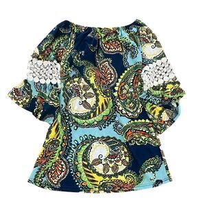 Win Win Womens Small Medium Multicolor Paisley Boho Pinwheel Sleeve Tunic Top